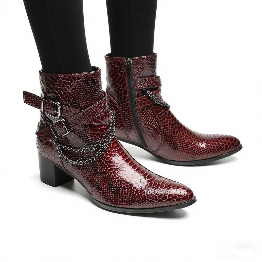 Men's Burgundy Snakeskin Ankle Boots: Chain, Buckles, Zip, Block Heel | Parties, Stage, Street | Rock Punk Style