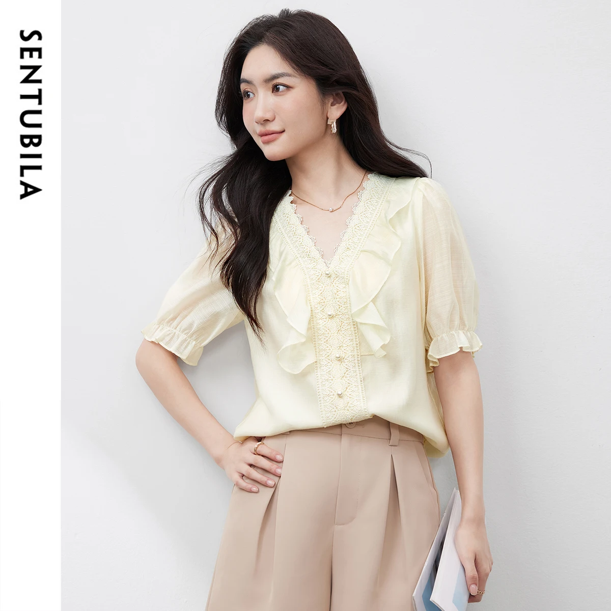 SENTUBILA 2025 Woman Chiffon Blouse V Neck Spliced Lace Shirts Bubble Short Sleeve Ruffle Shirt Summer Office Clothing 152V58447