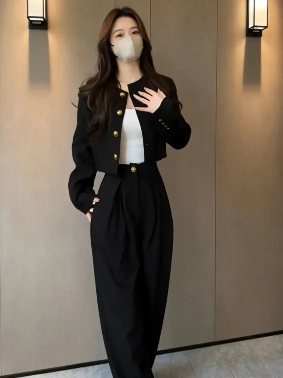 Elegant Black Short Jacket And Wide Leg Pants Set for Women Spring 2026 Fashion Slimming Effect High Waist Long Sleeve