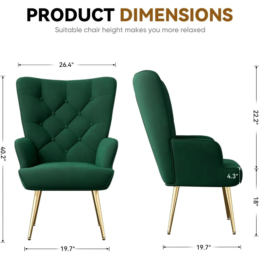 Moderne accentstoel uit het midden van de eeuw, fluwelen gestoffeerde fauteuil met metalen poten, getufte zijstoel met knopen en rugleuning