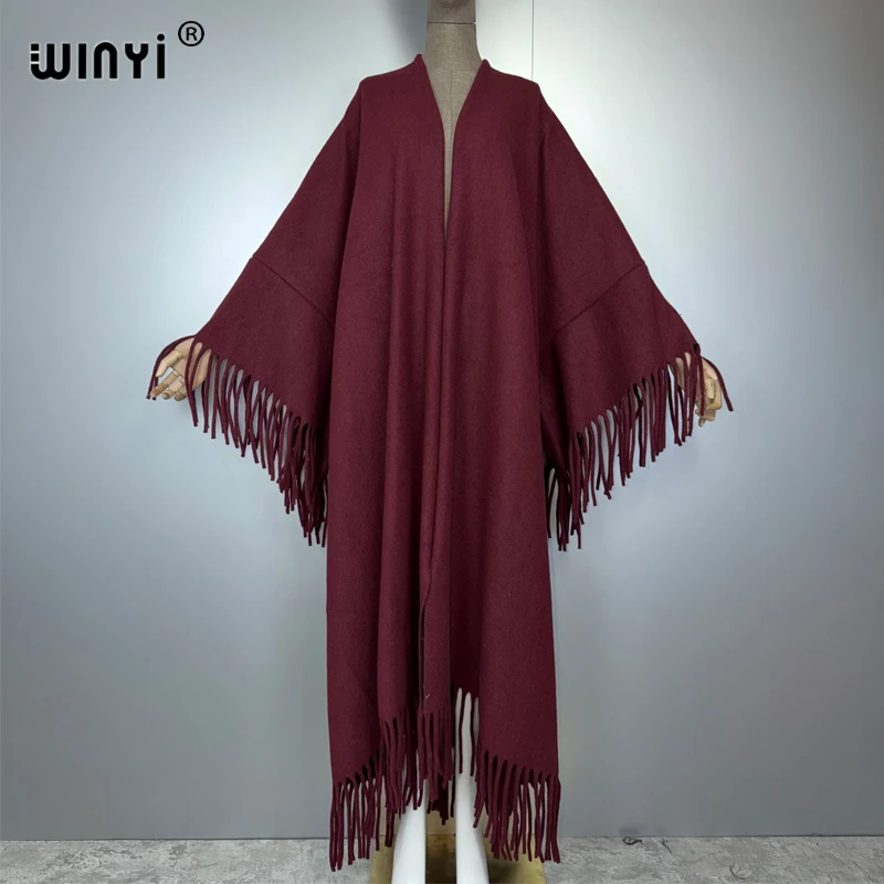 

WINYI pure colour winter Fringed cardigan abaya dubai luxury Coat OverCoat Thick Warm Female winter outerwears long down dress