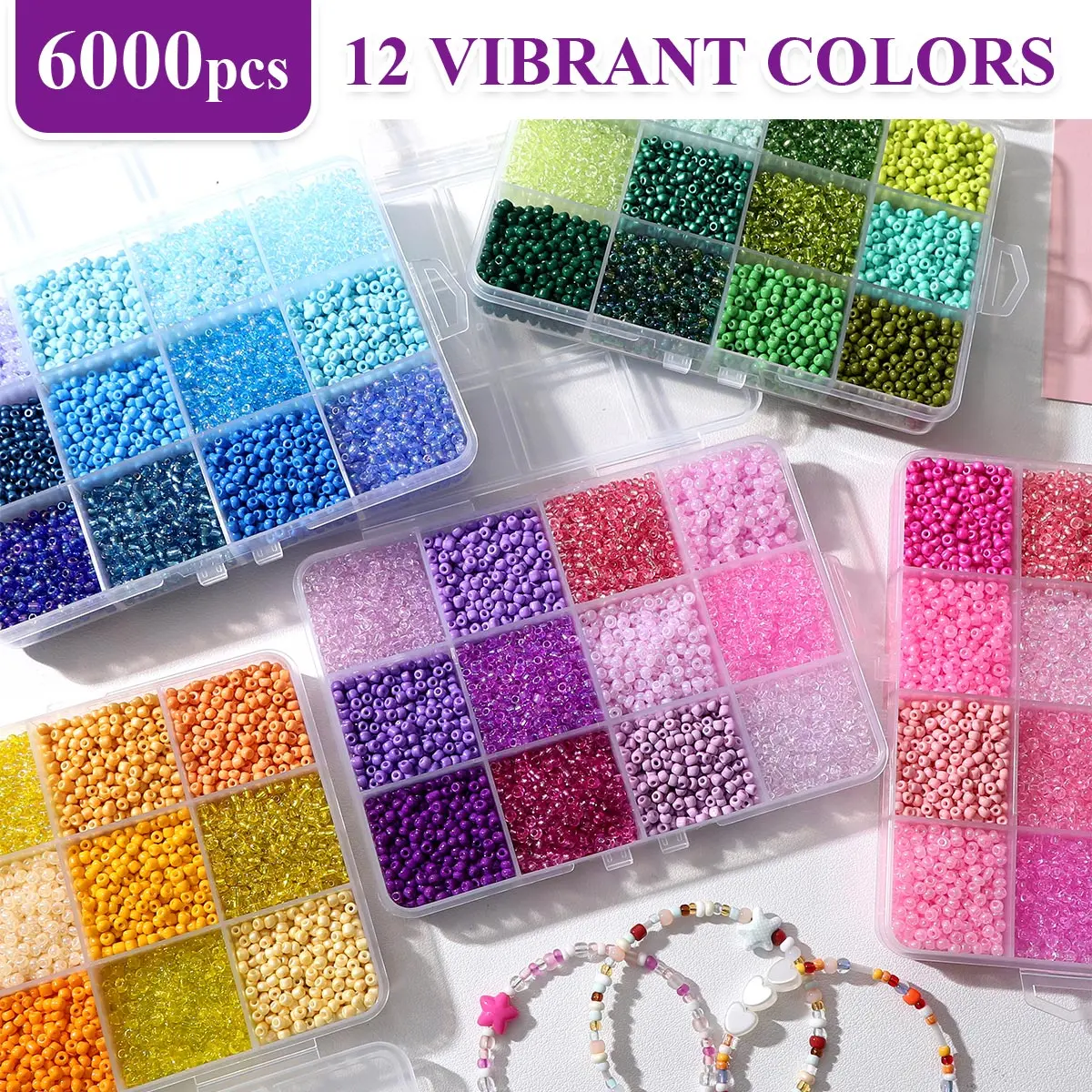 

6000pcs 3mm Glass Seed Beads Kit, 12 Colors Small Round Spacer Beads for DIY Bracelet Necklace Jewelry Making Craft Kids Girls