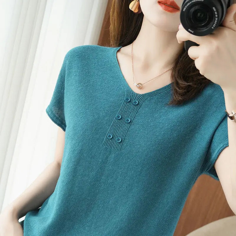 Summer Ice Silk Knitted Top 2023 Solid Colors V-Neck Knitwear Pullover Korean Fashion Soft Short Sleeve Cropped T-Shirt S-3XL