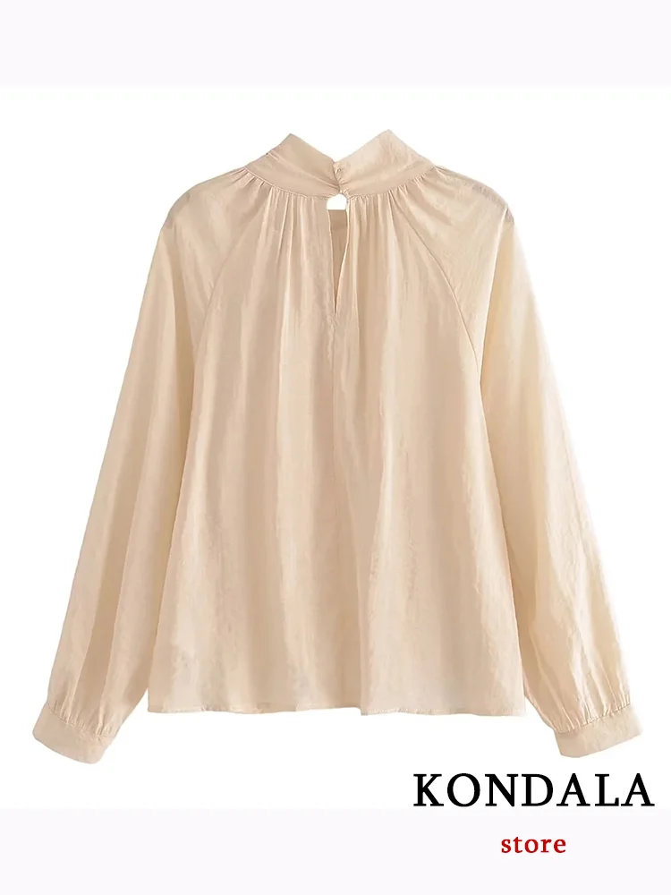 KONDALA Vintage Chic Solid Women Blouse Bow Long Sleeve Loose Shirts New Fashion 2023 Autumn Holiday Casual Elegant Blouse