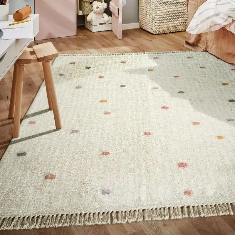Dot Fluffy Carpet For Living Room With Tassels，White Hairy Nursery Play Mats For Children,Rectangle Plush Kids Bedroom Rug