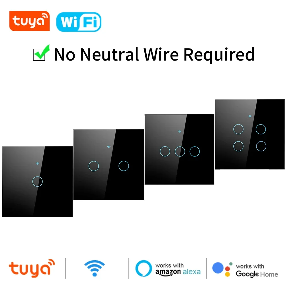 

Tuya Wifi Smart Touch Light US/EU Switch Wireless Remote LED Light Switches No Neutral Wire Required 1-4 Gang Alexa Google Home