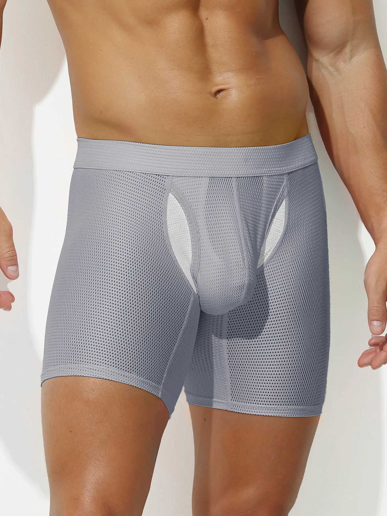 Supportive Open Fly Front Boxer Shorts Mens Stretch Long Leg Sport Boxers Breathable Mesh Fly Zone Moisture-Wicking Underwear