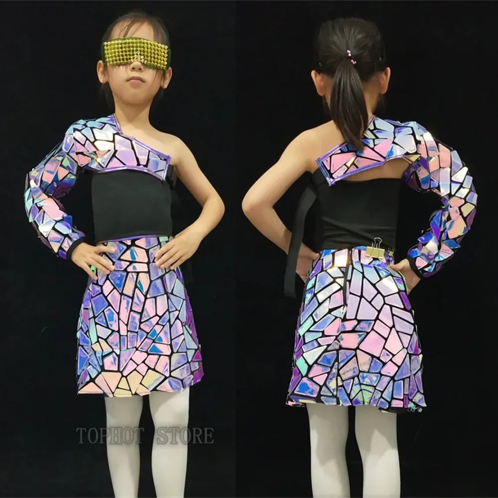 

Детский костюм для джазового танца, костюм для танцевальной трупы для девочек, фиолетовый зеркальный лазер, комплект из 2 предметов, фестивальный костюм для рейва