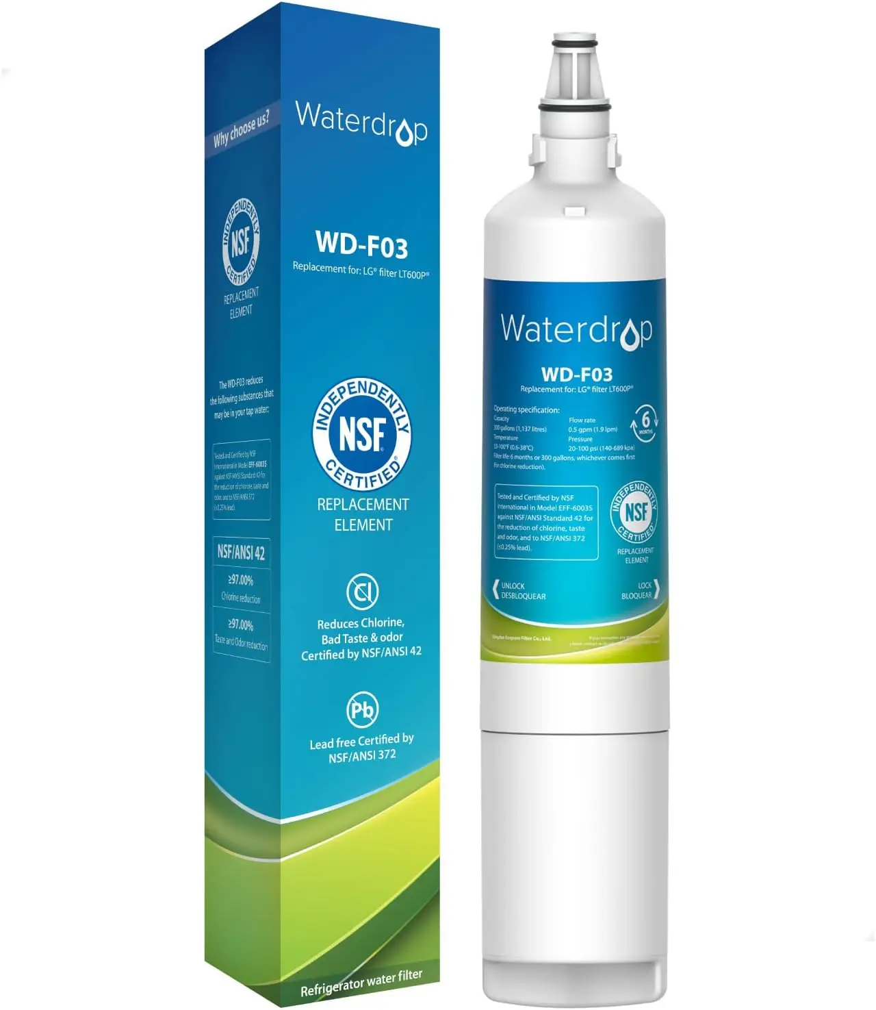

Замена Waterdrop 5231JA2006A для LG®LT600P®, KENMORE 9990,5231JA2006A, 5231JA2006B, KENMORECLEAR 46-9990, WFC2001