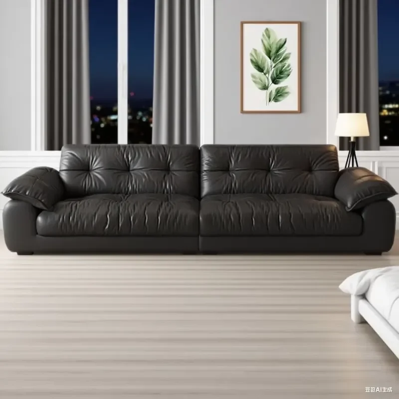 2025 Italian Minimalist Modern Luxurious Style Leather Sofa Living Room Retro Black Modular Home Sponge Filled Set Leather