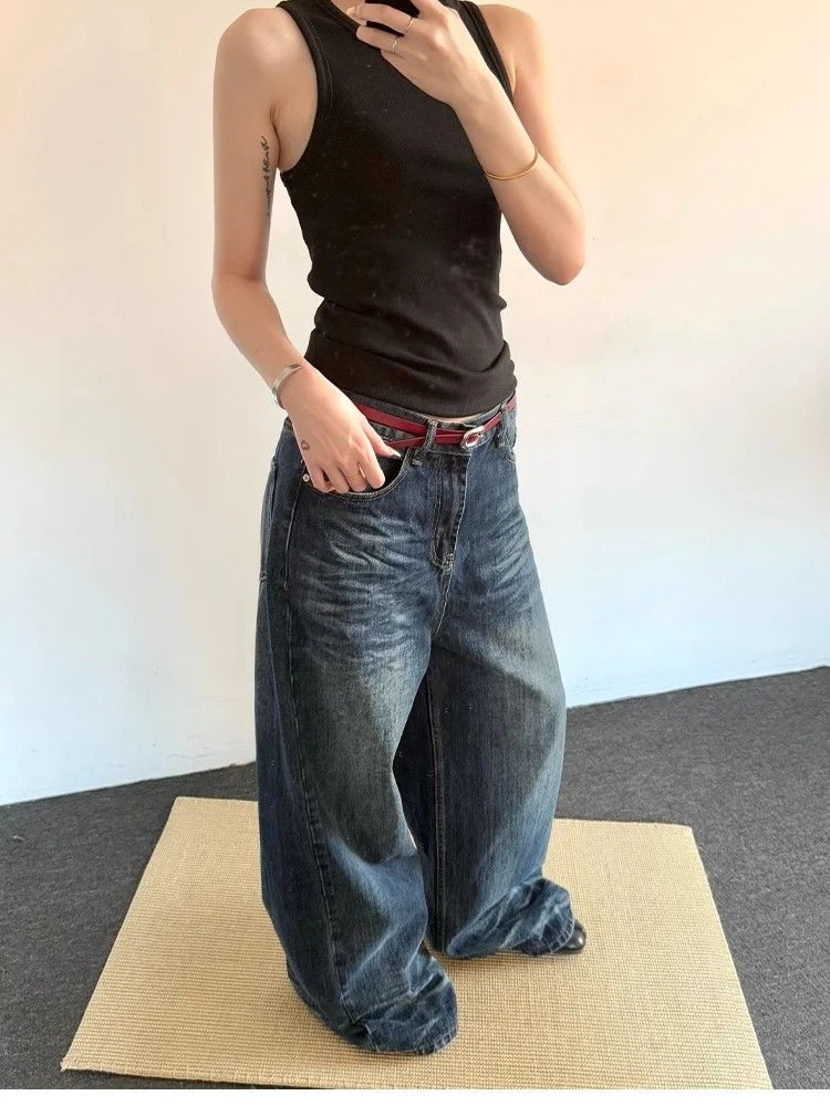 女性のレトロブルーストレートだぶだぶのジーンズストリート日常着ヴィンテージズボンクールガールボトムス女性ハイウエストワイドレッグパンツ