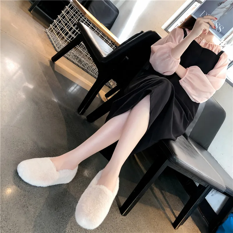 

COZOK Women Winter fur slippers solid warm furry mules cold resistence cotton shoes female cozy closed toe shearling slides LADY