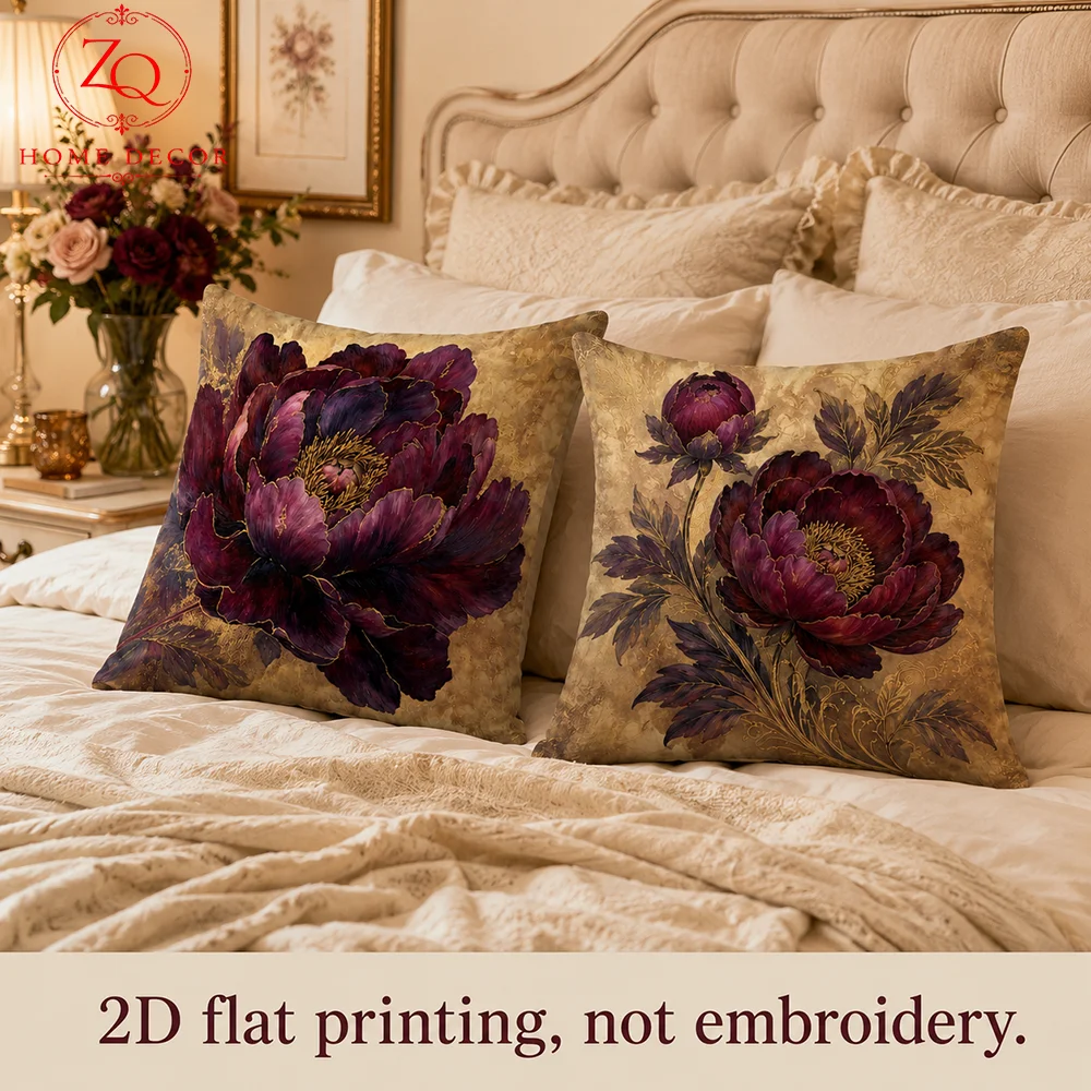 2Pcs Cushion Covers Coussin Romantic Retro Purple Floral 2D Flat Printed Peach Skin Room Decor Pillowcase For Home
