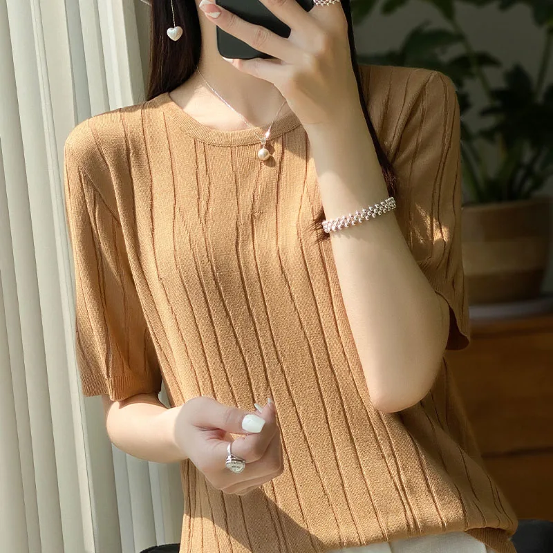 New Summer Short-Sleeved Feminine Temperament With Loose Shoulder T-shirt Female New 2024 Wild Ice Silk Half Sleeve