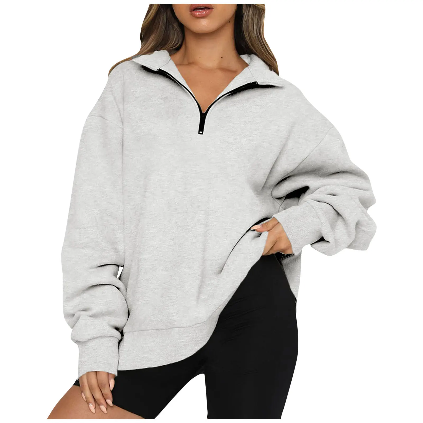 

Women's Casual Shirt Solid Color Daily Versatile Lapel Zipper Pullover Autumn Winter Long Sleeved Sweatshirt Sweatshirt