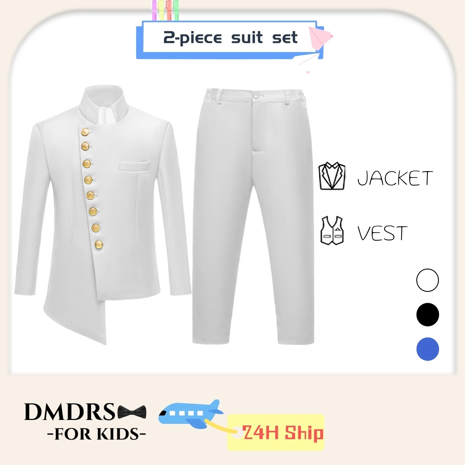 2025 Hot White Suit Set for Children 3T-14, Half Stand Formal Suits Tuxedo Pants Communion Jacket Trousers Party Outfit Kids