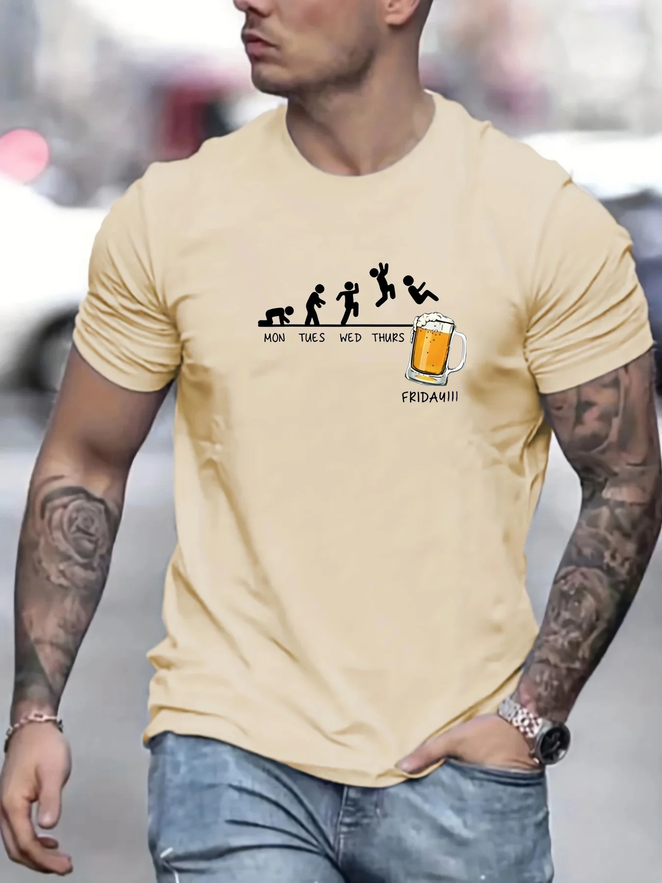 Summer men\'s 100% cotton casual loose size Jumping In Beer print round neck short sleeved T-shirt top