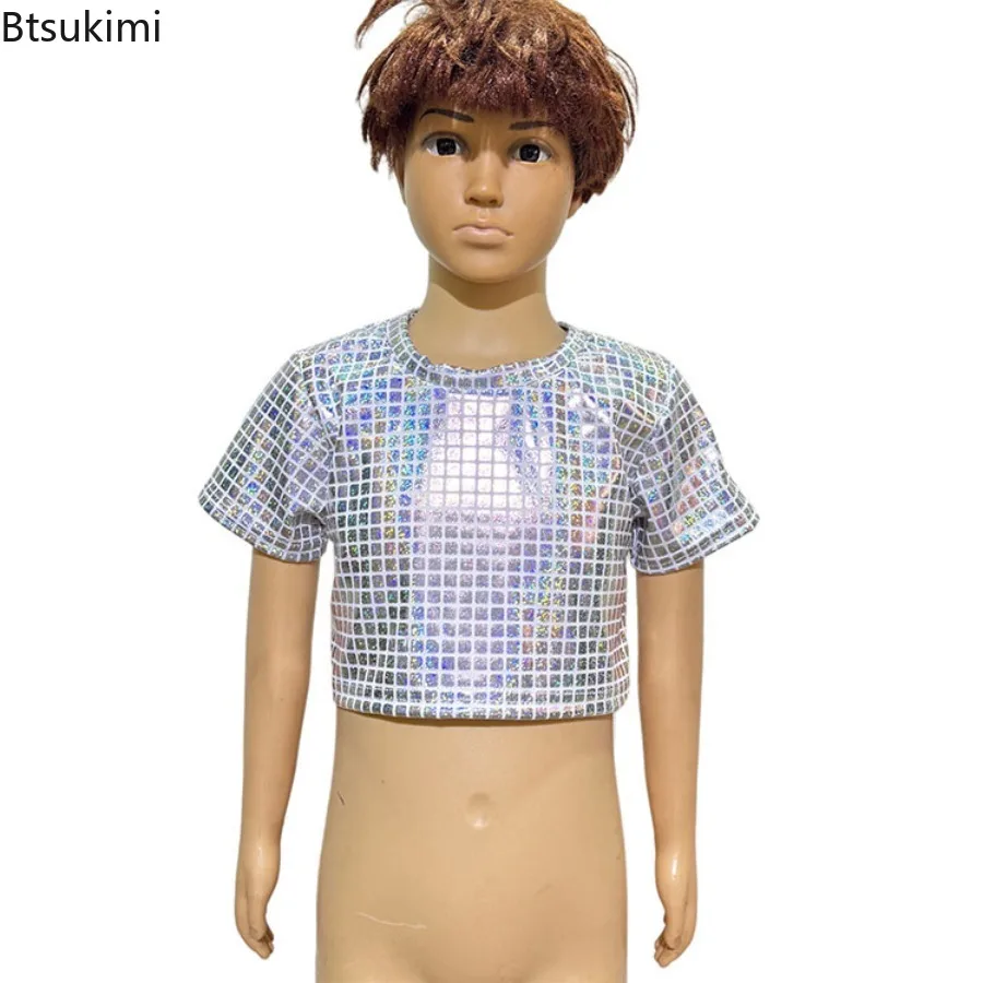 Summer Kids Boy Girl Hip Hop Jazz Outfits Set Short Sleeve Metallic Disco Crop Tops Cheerleading Children's Performance Costume view 3