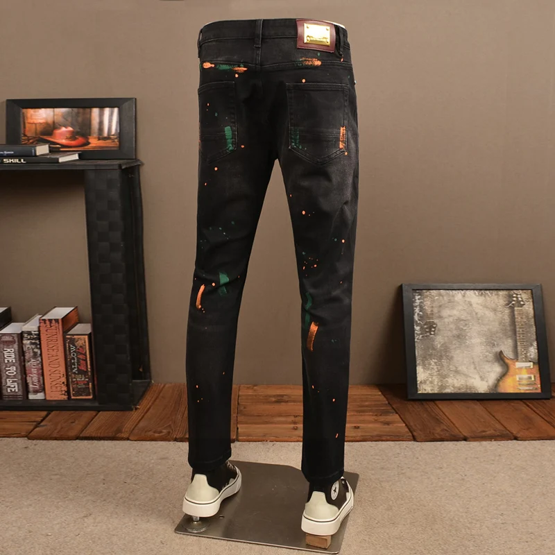 

Y2K Street Designer Модные мужские джинсы Ретро Черные Серые эластичные облегающие окрашенные рваные джинсы Мужские винтажные джинсовые брюки в стиле хип-хоп