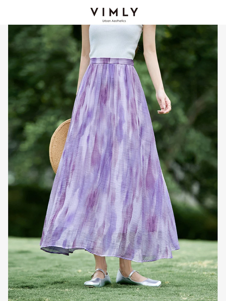 VIMLY Romantic Purple Midi Skirt Woman 2025 Summer Lyocell Elastic Waist Flowy A Line Vacation Skirt Ladies Clothing A1823