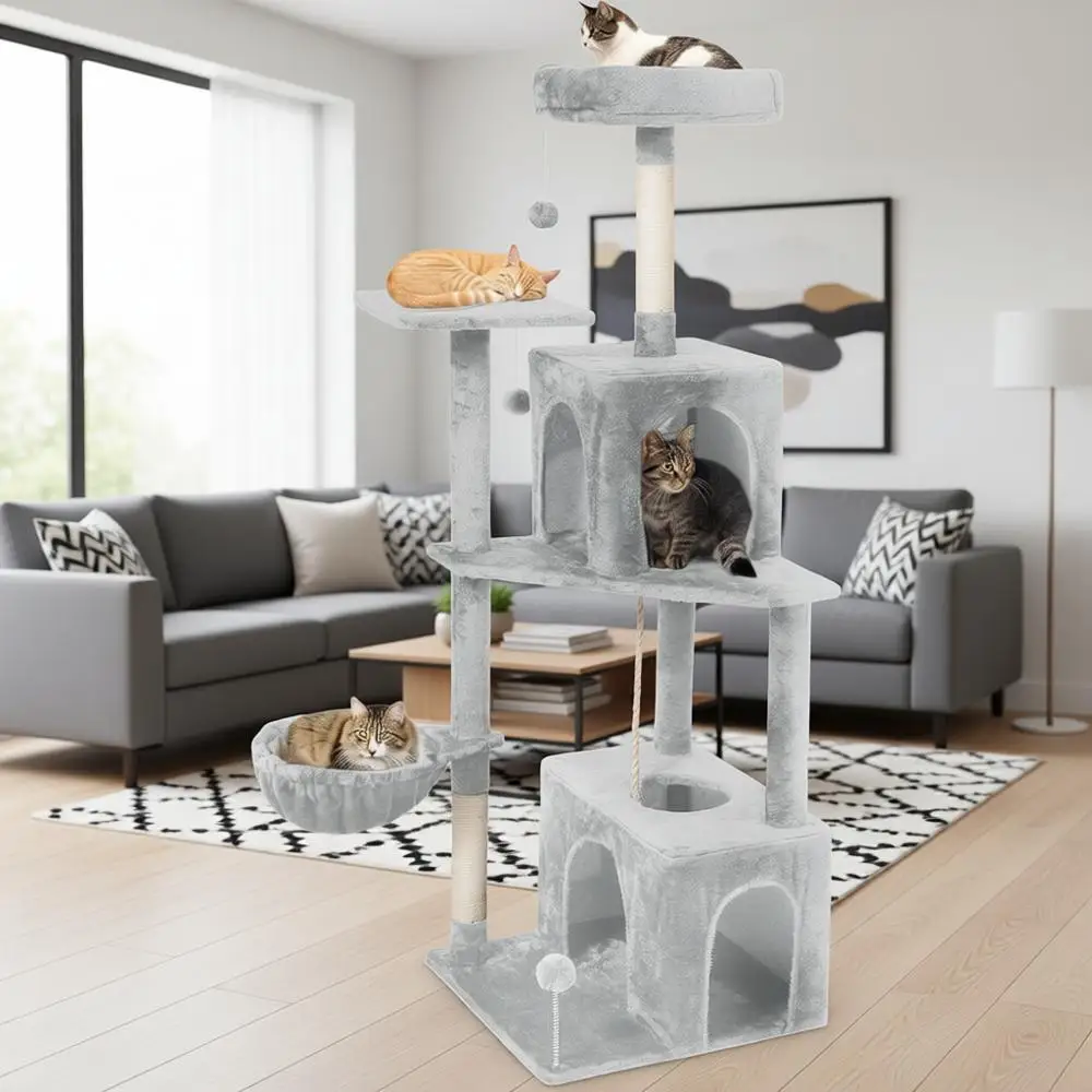 

54-дюймовая многоуровневая плюшевая лежанка-башня для кошек с когтеточками, корзиной и переполохами (светло-серая)