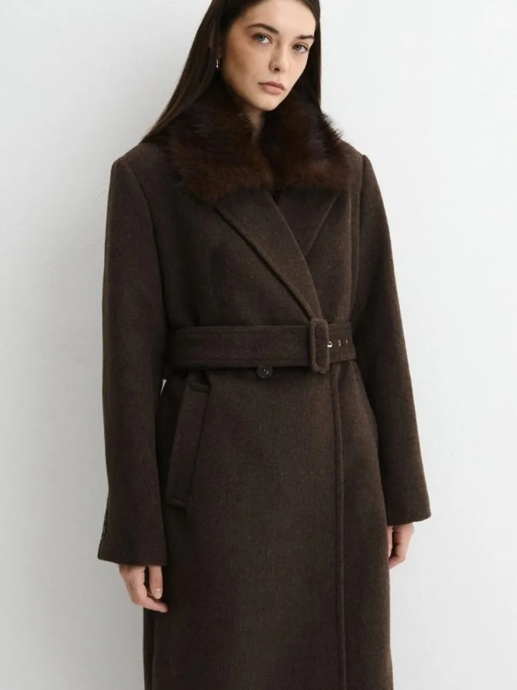 IG Women Fur Collar Notched Lapel Double Breasted Belted Long Wool Coat, Side Pockets, Winter Vintage Elegant Commute Outerwear