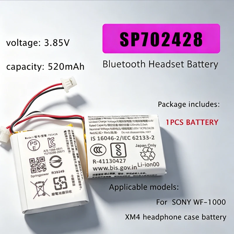 702428 Battery 3.85V 520mAh Rechargeable Li-ion Batteries for SONY WF-1000XM4 Bluetooth Headset Charging Case
