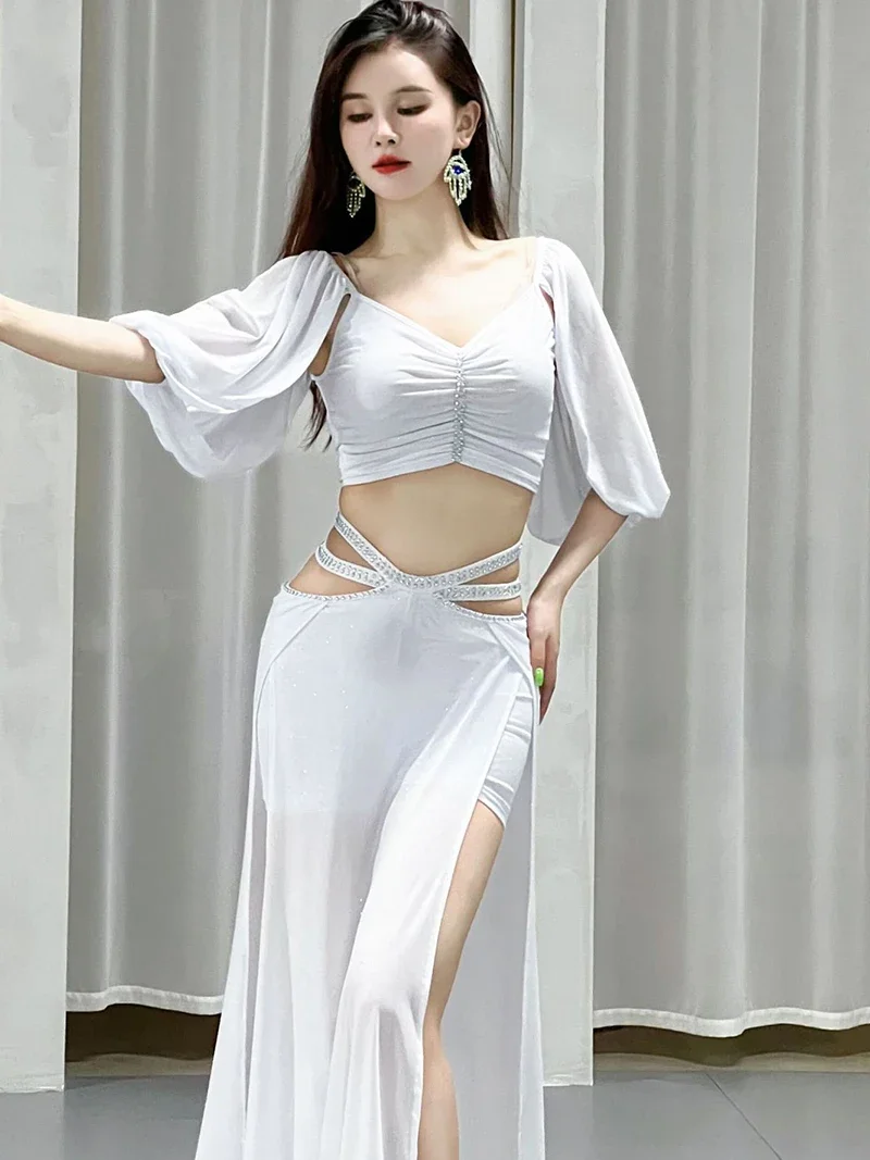 Adult Women Indian Original Belly Dance Clothing Beading Mesh Training Suit Gentle Slit Festival Outfit Dancewear Costume 5036