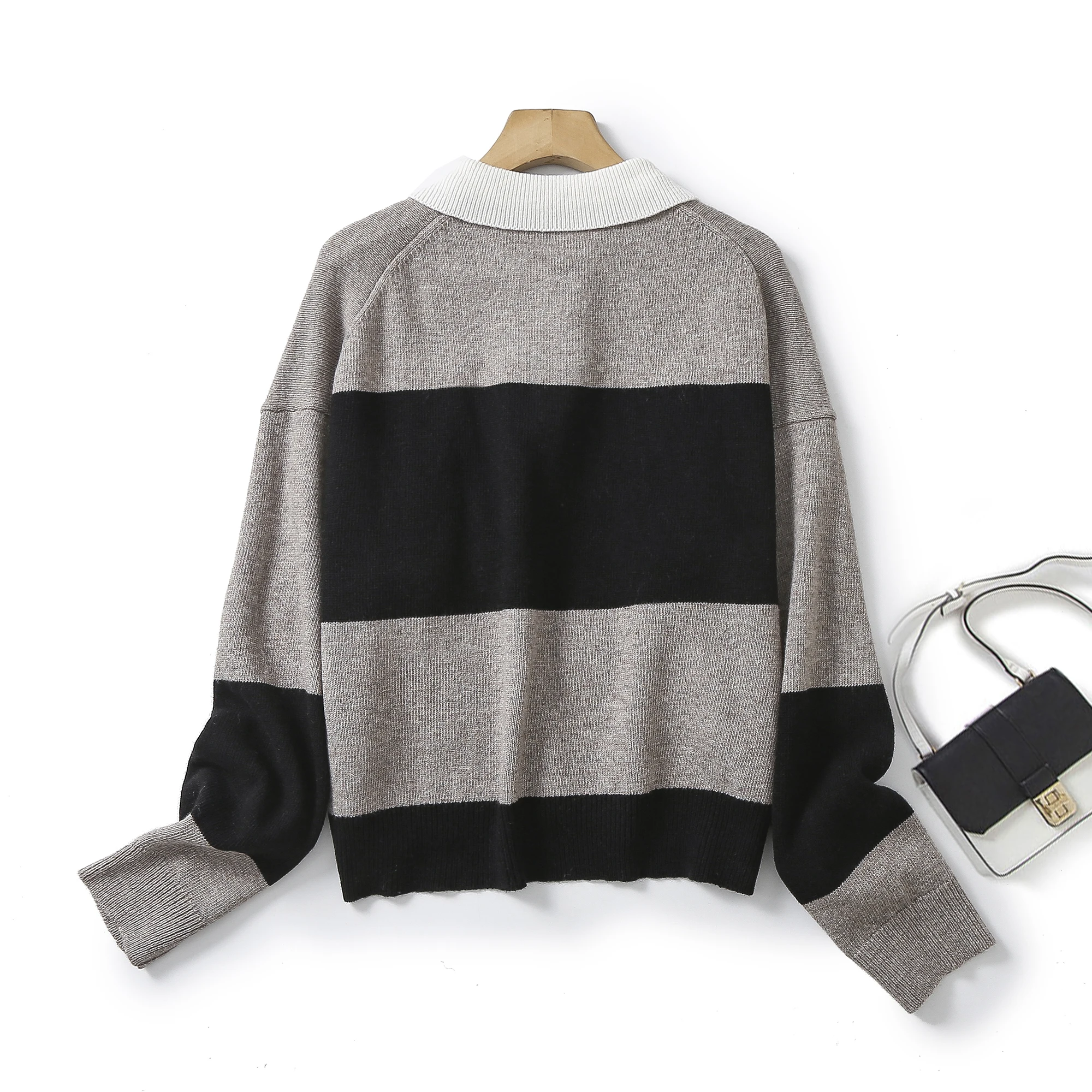 Ethereal MD 2023 autumn new style of Casual slouchy patchwork striped Polo neck striped knitwear