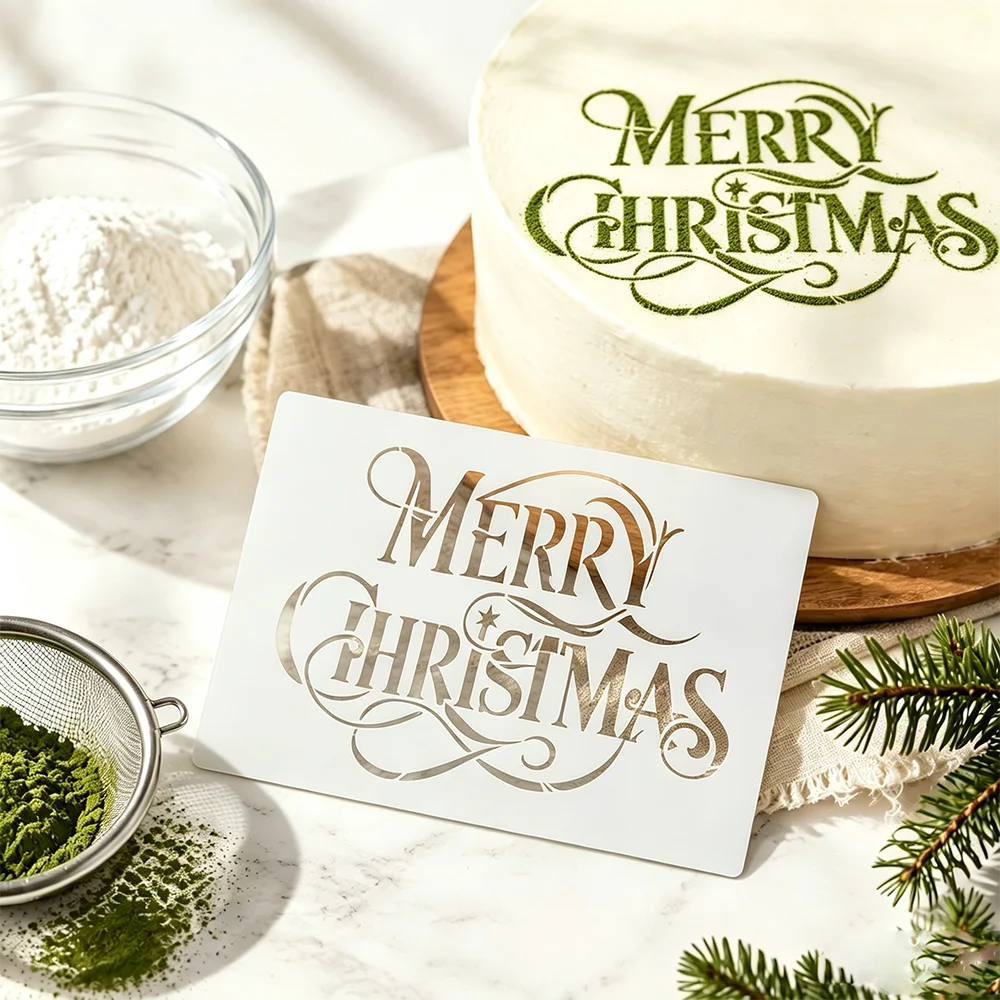 Vintage Merry Christmas Letter Cake Stencil Food Grade PET Template for Cake Cookie Fondant Decor