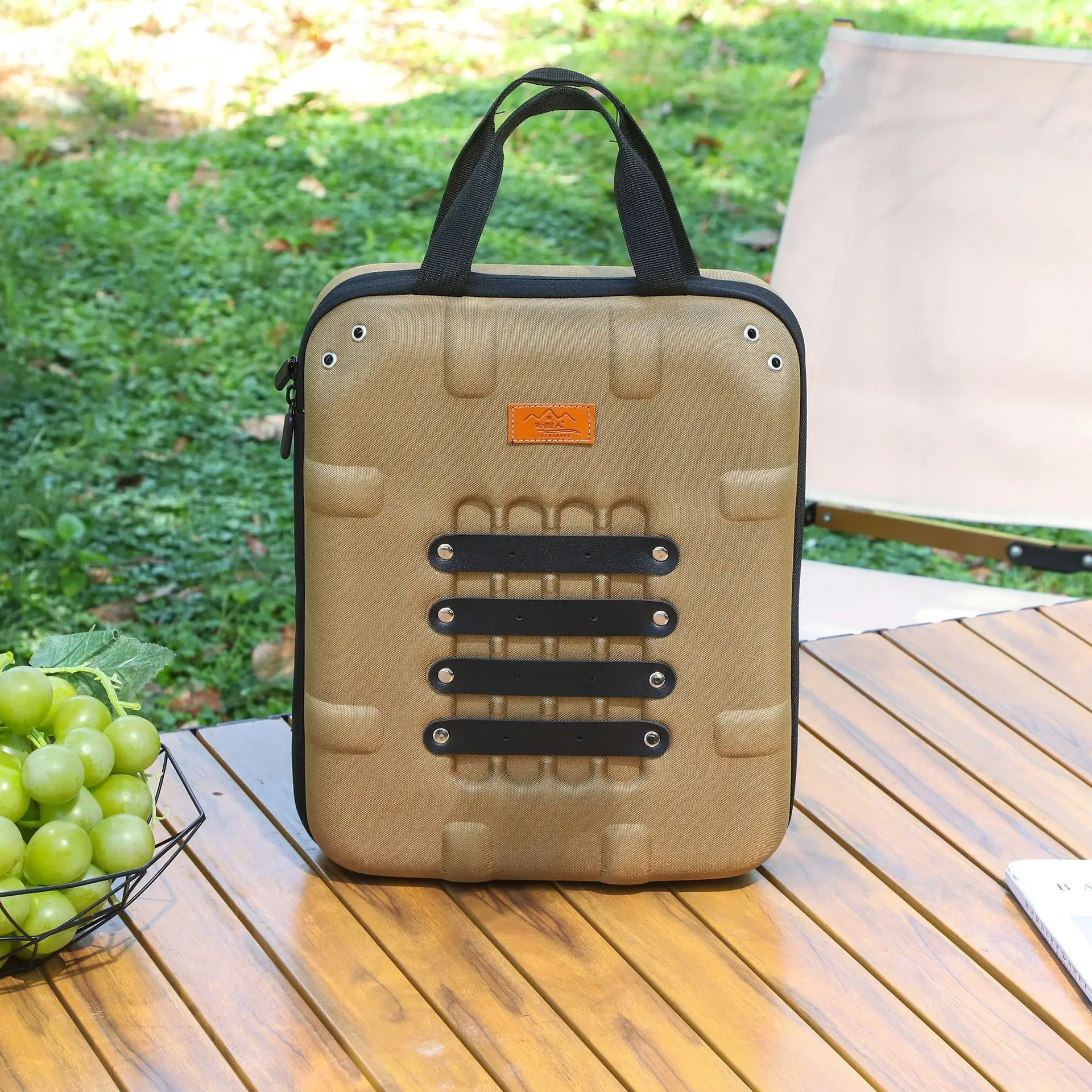 Picnic Bag Khaki Hard Shell Waterproof Ventilated Oxford Portable Outdoor Camping Hiking Travel Tableware Storage Tote Bag