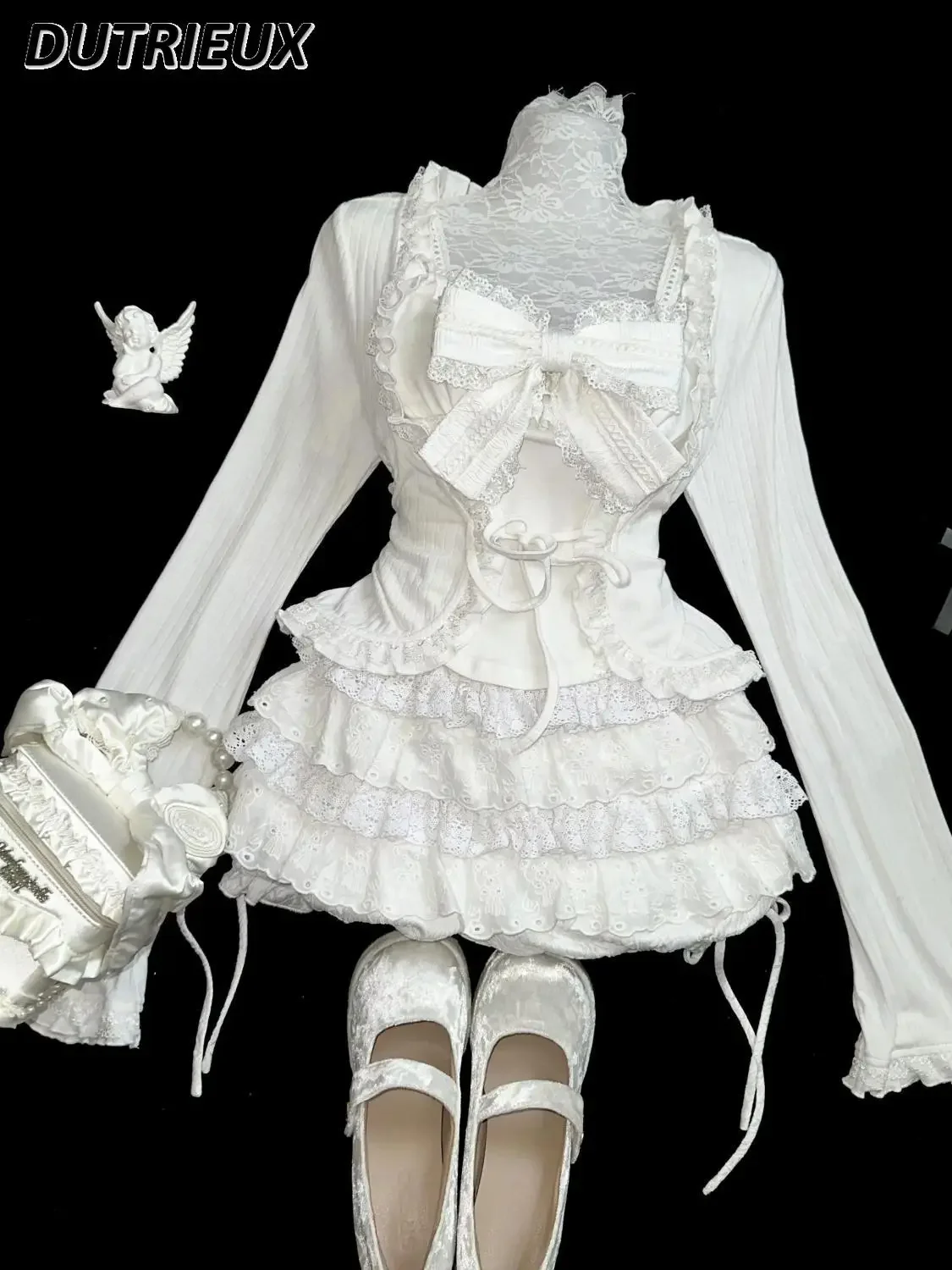 Japanese Gothic Style Sweet Bow Tube Top Suspender and Ruffle Lace Lace-up Cardigan + Cake Splicing Short Skirt 3-piece Set