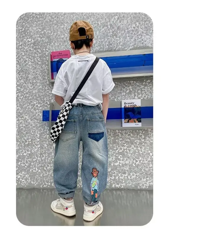 Spring Autumn Kid Boys Denim Pants Pockets Children Boys Jeans Loose Exterior Stylish Students Boys Pants 2-10 Years Students