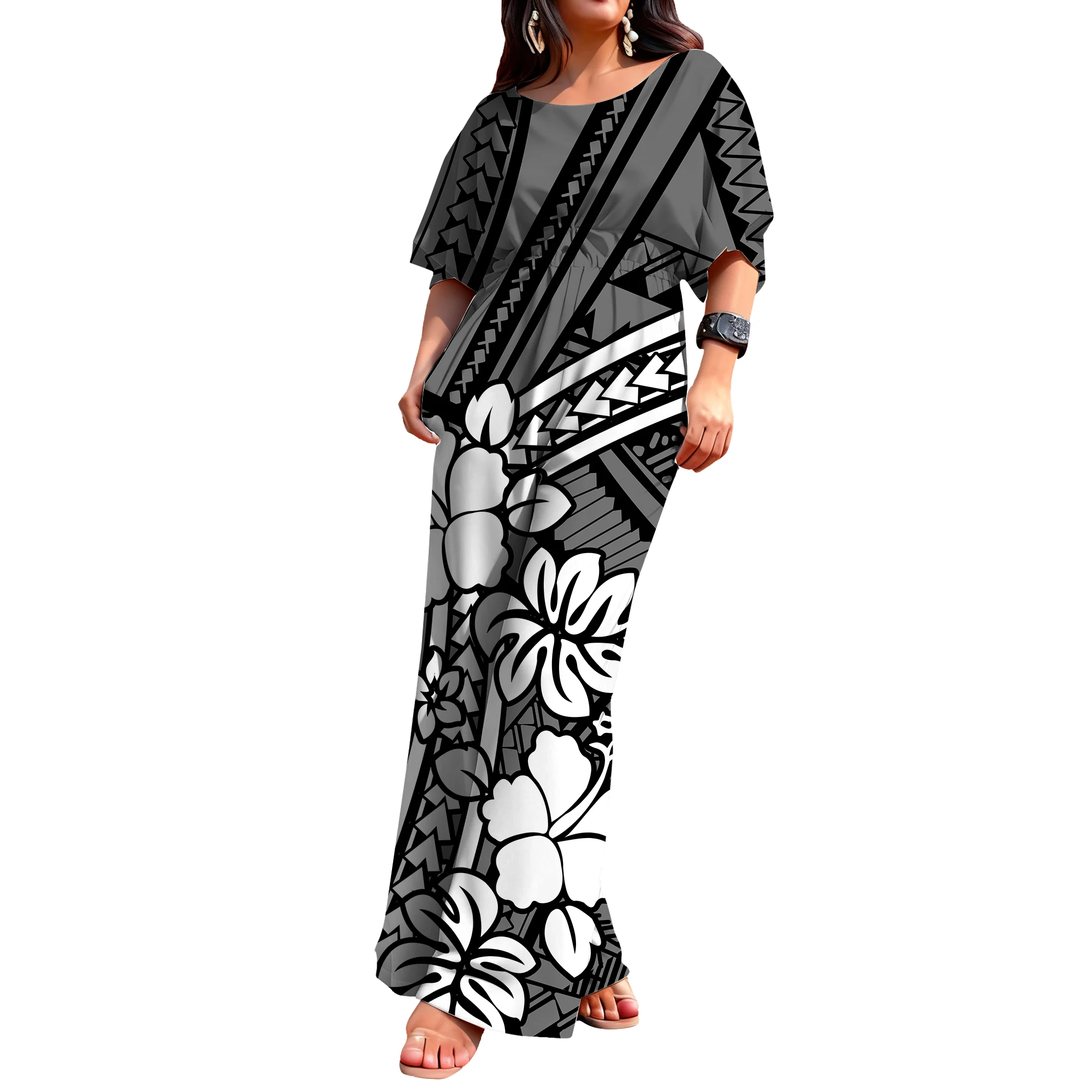 Fashionable And Elegant Retro Floral Design Women'S Round-Neck Mid-Sleeve Jumpsuit Custom-Made Pattern Pacific Island Clothing
