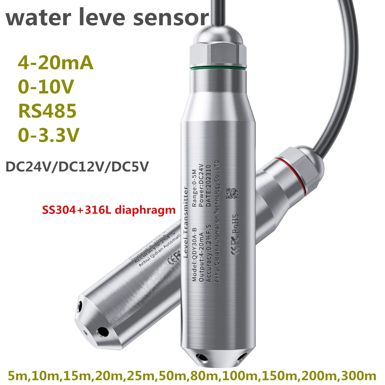 Water level sensor 4-20mA Water level transmitter 5m 10m 30m 100m 300m Liquid level transmitter  0-3.3V RS485 Automatic level