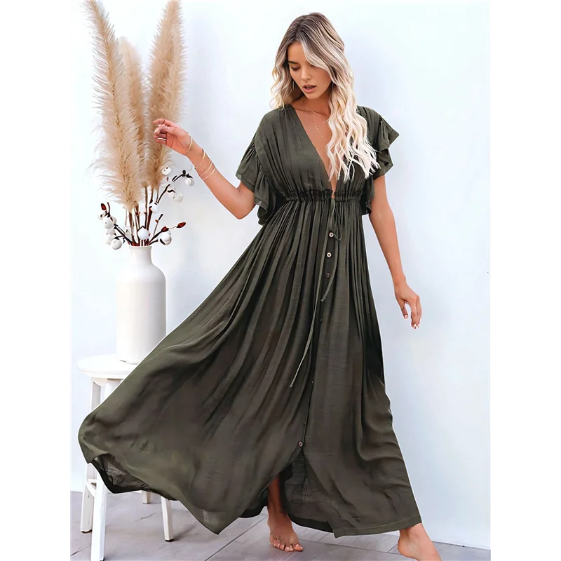 CYL-Women's Casual Summer Beach Dress Ruffle Maxi Dress Button Down Boho Dress Long Tunic