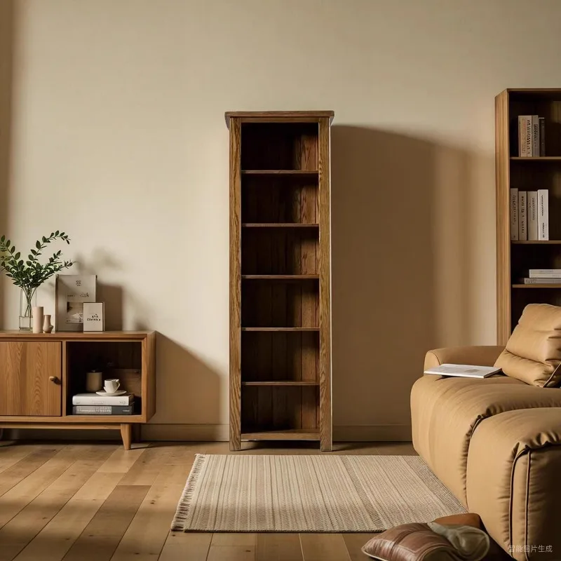 

All solid wood American simple narrow bookcase living room wall display cabinet entrance shelf log oak bookshelf
