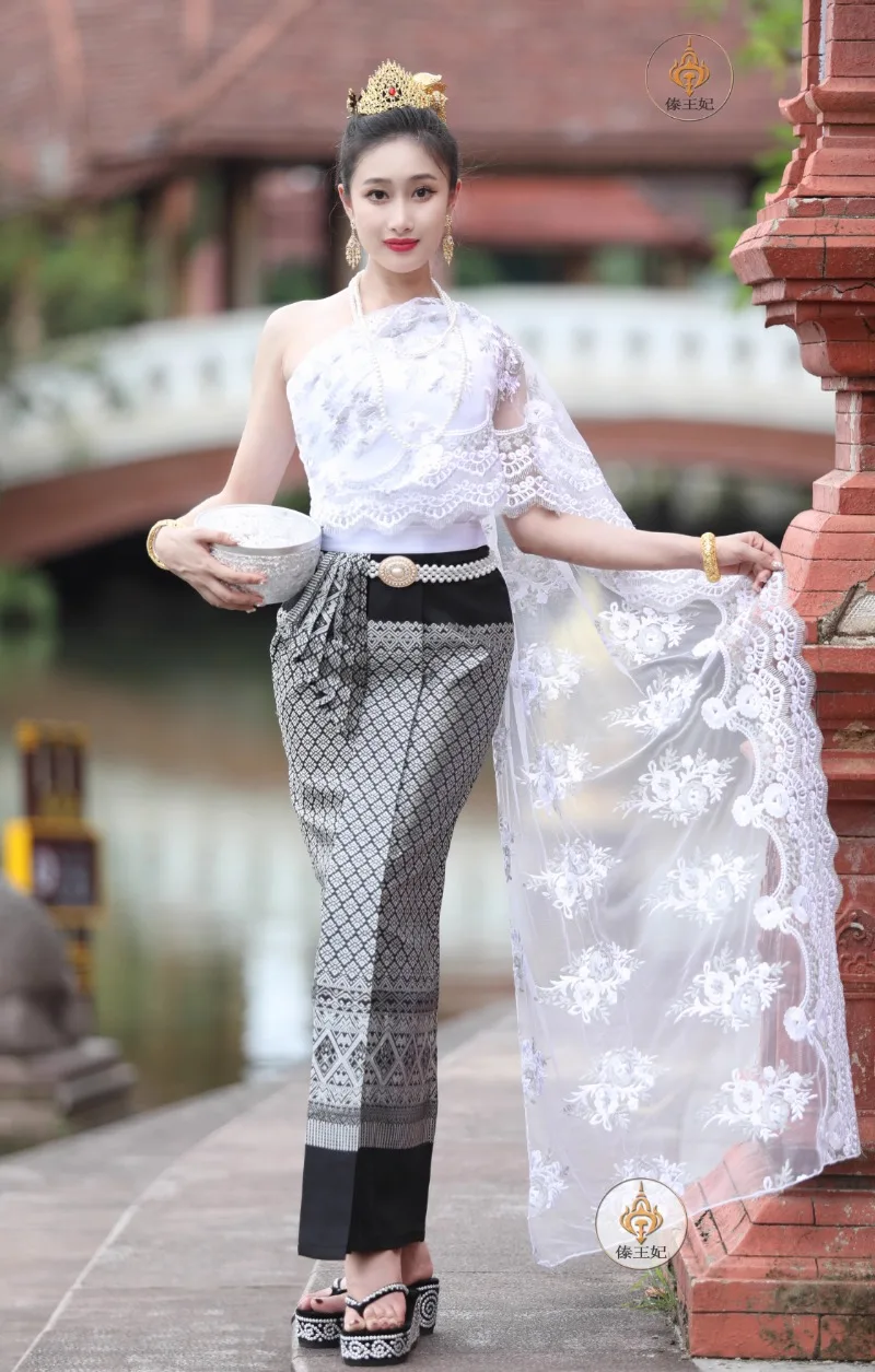 Spring Summer Thailand Traditional Clothing Women One Shoulder Thai Outfit Tops Tube Skirt Hotel Restaurant Welcome Work Clothes