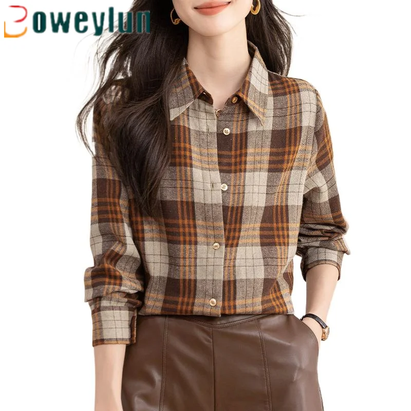 

Boweylun Retro Milled Plaid Long Sleeve Shirt Women's Autumn and Winter Medium Long Loose Blouse Tops Famale