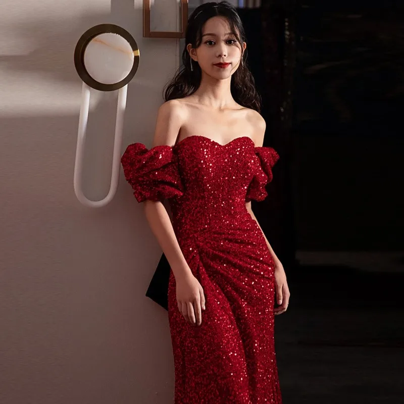 Red light luxury niche line shoulder sparkling toasting banquet host dress