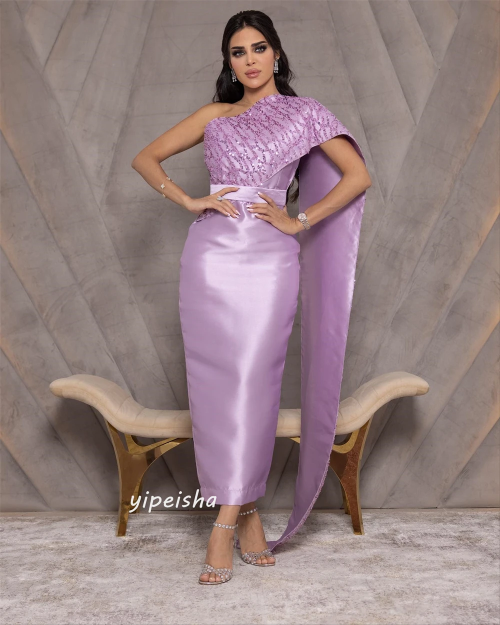   Satin Beading Pleat Graduation Sheath One-shoulder Bespoke Occasion Gown Long Sleeve Dresses