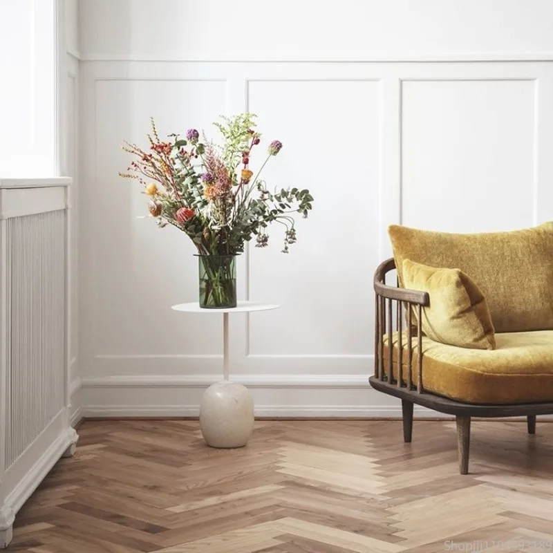 Contemporary Marble Side Table Modernist Organic Coffee Table Compact Round Balcony-to-Interior End Table Veined Stone & Steel - Image 5