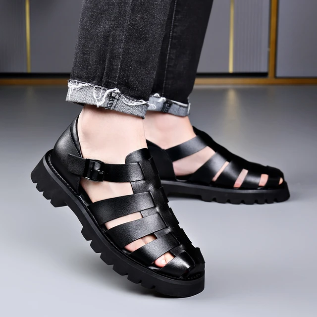 Summer Gladiator Sandals New Breathable Casual Men Genuine Leather Sandals Hollow Beach Shoes Men Black Sizes 38 48 Men sandals AliExpress