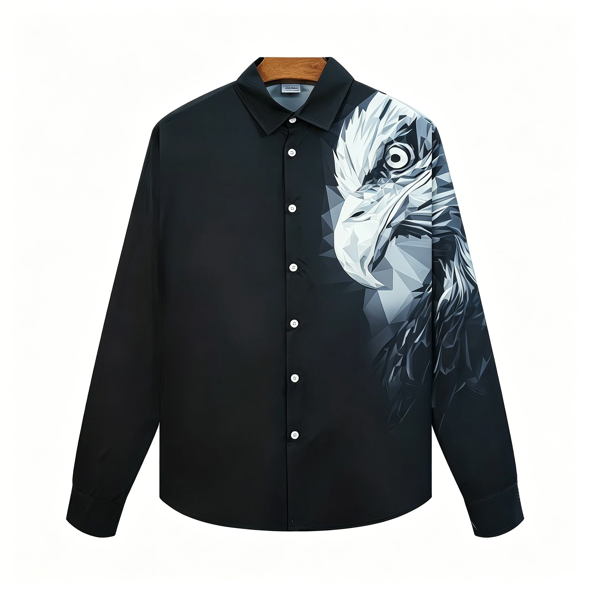 Men's geometric eagle print long-sleeved shirt, draped collar, trendy brand shirt, European and American street style top.