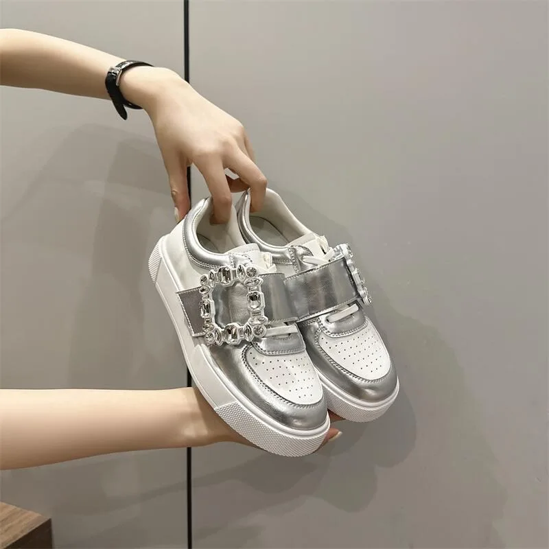 Girls Fashion Casual Flats Round Head Lace-up Sneakers Square Crystal Cover Heel Women Shoes Thick Bottom Zapatos Mujer fashion