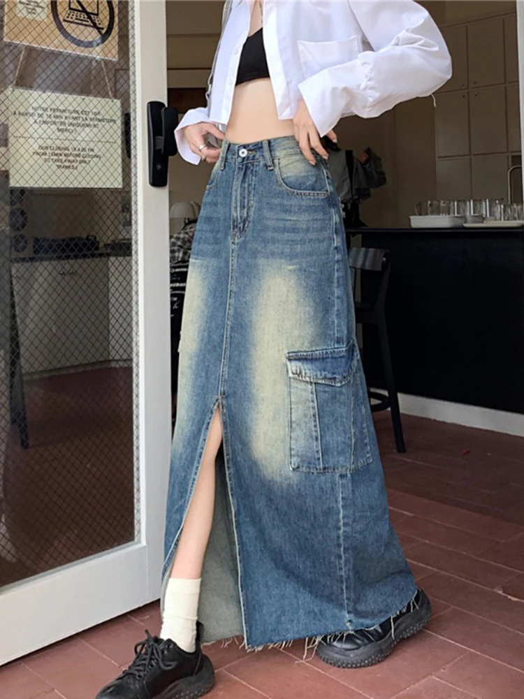 

Vintage Women's Denim A-line Long Skirts Y2k Girls Korean Style Elegant Harajuku Skirt 2023 Summer 90s Clothes