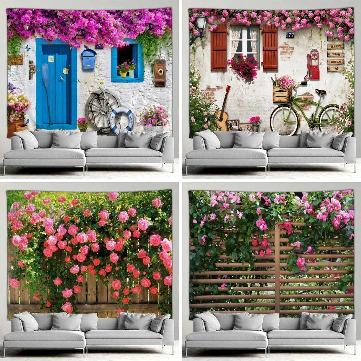 Outdoor Garden Fence Flower Tapestry Rustic Garden Wall Plant Natural Landscape Patio Living Room Bedroom Wall Decoration Mural