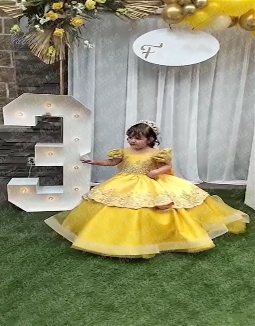 Little Girls Party Dress Bow Flower Girl Dress Yellow For Wedding Beaded Applique Tulle Official Event Beauty Pageant