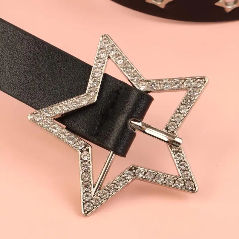 Sabuk Keling Mata Bintang Gesper Pin Ganda Gaya Gotik Ikat Pinggang Kulit Pu Gaya Punk Kasual Fashion Pria/Wanita untuk Jeans Sabuk Y2K