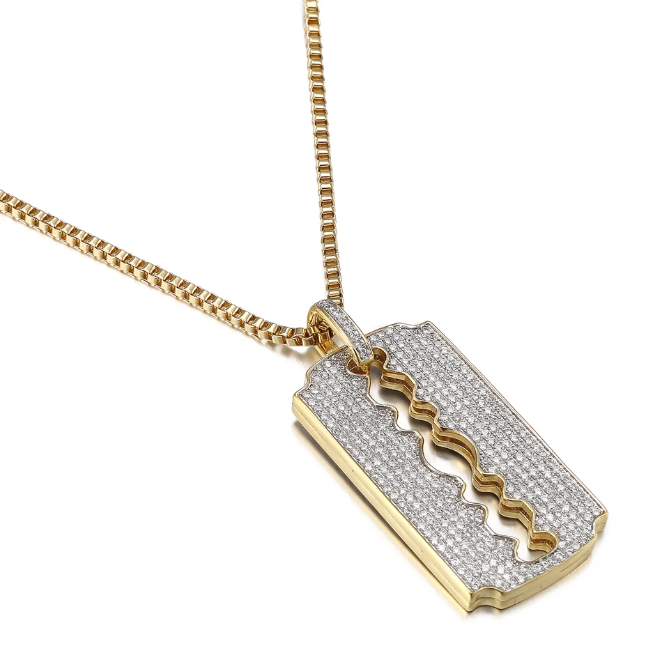 

VANAXIN Iced Out Blade Pendant Necklace Men's Creative Shaver 14k Gold Plated Full Pave Cubic Zirconia Chain Punk Jewelry